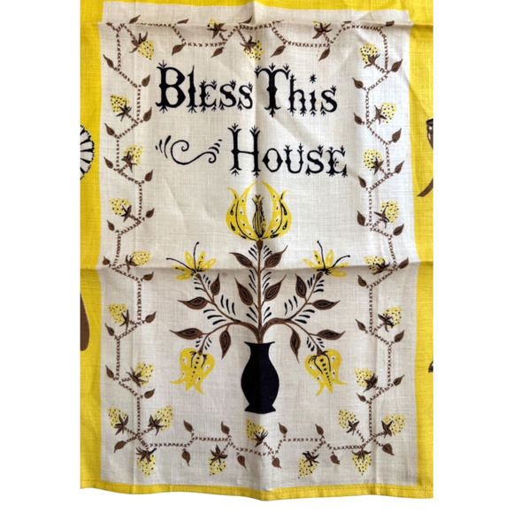 Vintage Peg Thomas Tea Towel Linen Bless This House Kitchen Dish MCM Yellow NOS - Picture 6 of 14